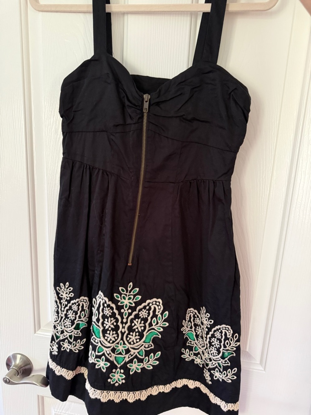 Anthropologie Black Strap Sundress with White and Green Embroidery